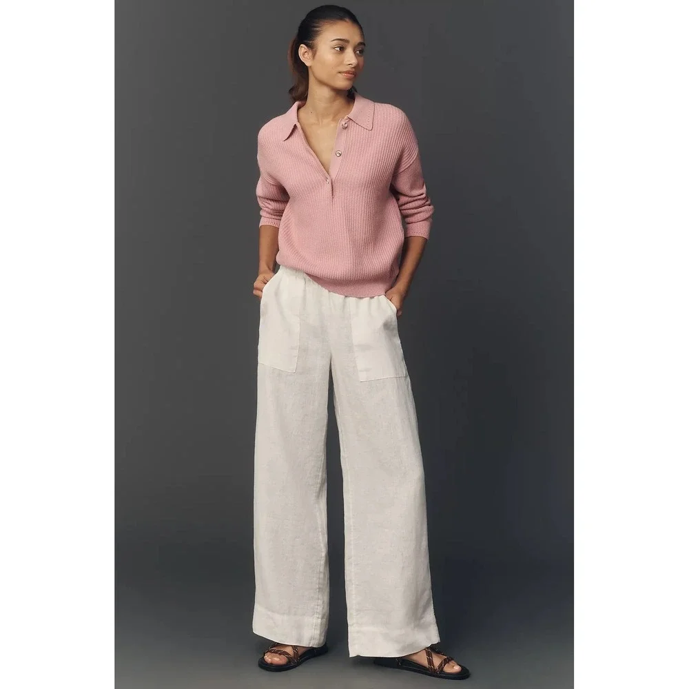 Beyond Yoga White 100% Linen Wide Leg Elastic Waist Patch Pocket Pants Large